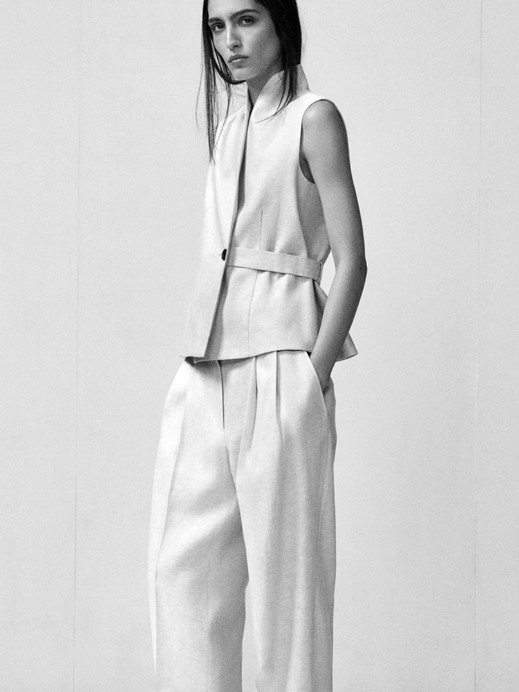 ショールカラー ベルト付きリネンウエストコート